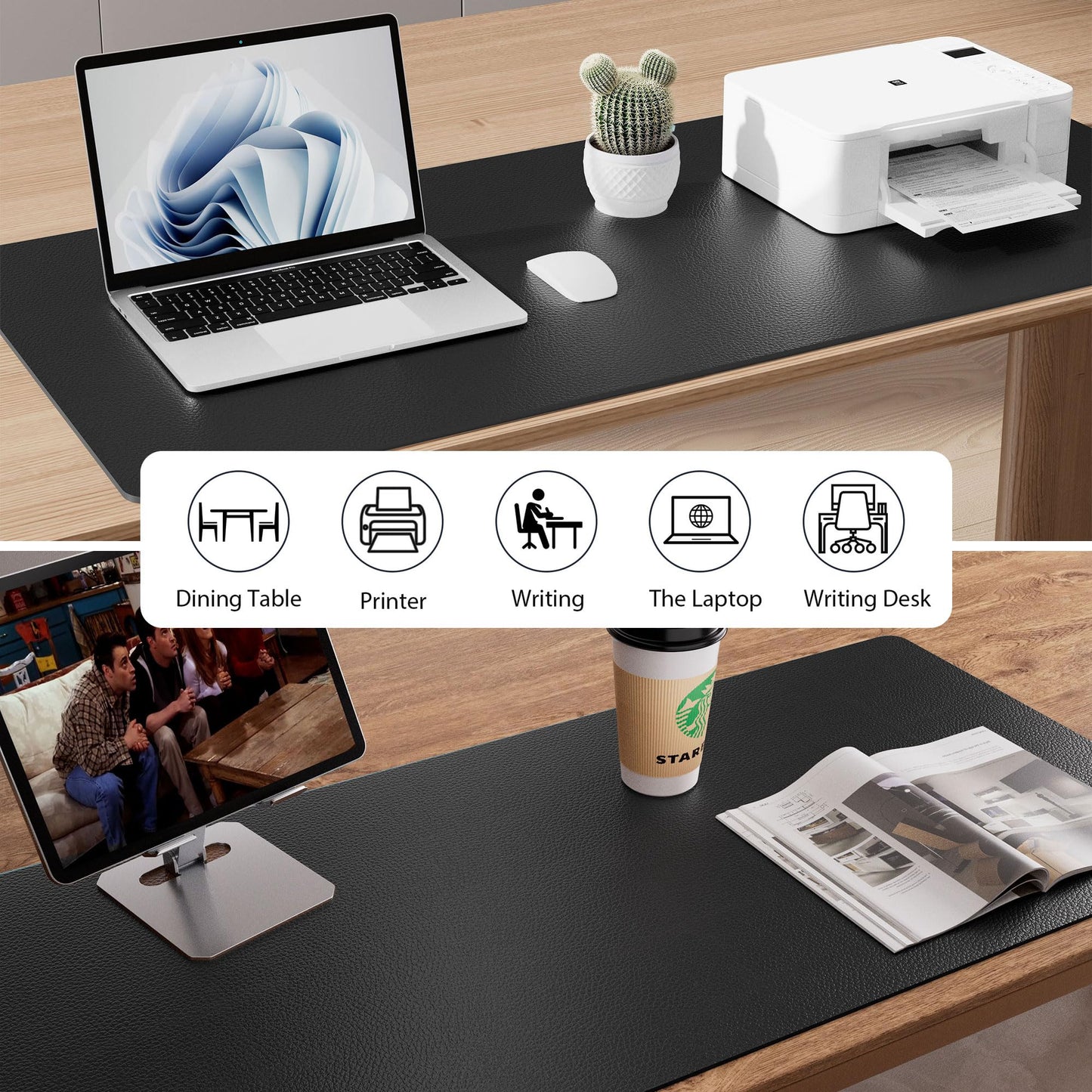Aothia Faux Leather Desk Mat - Non-Slip PU Leather Desk Blotter, Waterproof Writing Surface, Large Desk Pad for Office & Home (Black, 55" x 17")