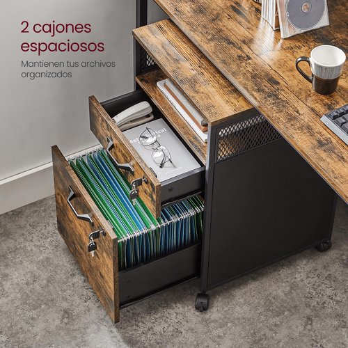 VASAGLE File Cabinet, Mobile Filing Cabinet on Wheels, for Home Office, 2 Lockable Drawers, for A4, Letter-Size Hanging File Folders, Open Shelf, Steel Frame, Rustic Brown and Ink Black UOFC077B01