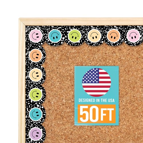 50ft Bulletin Board Borders Trim - Classroom Borders for Bulletin Board Decorations, Teacher Supplies for Classroom Decor Preschool, Kindergarten & Elementary, Smiley Scalloped Boarders