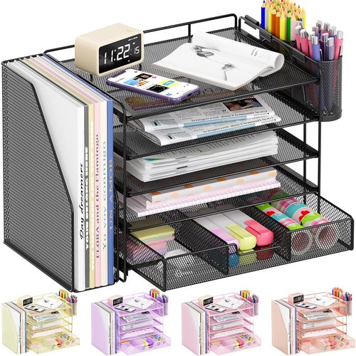 OPNICE Desk Organizers and Accessories, 5-Tier Paper File Organizer with Drawer & Pen Holder, Office Desk Accessories Workspace Desktop Organizer for Office Supplies(Black)