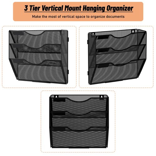 Senhoglb File Folder Organizer, 3-Tier Mesh Hanging Wall File Holder, Magazine Rack, Wall File Organizer With Pockets, Metal Document Organizer, Mail Organizer Wall Mounted for Office Home, Black
