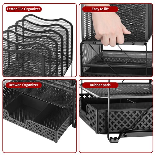 Simple Trending Mesh Desk File Organizer, Office Supplies Desktop Storage with Sliding Drawer, Double Tray and 5 Upright Section Sorter Organizer, Black