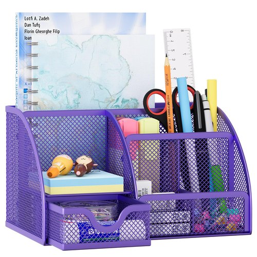 EasyPAG Mesh Desk Organizer, Multi-functional Stationery Organizer for School Supplies, Office Pen Holder for Desk, 6 Compartments Dorm Organization with Drawer, Purple