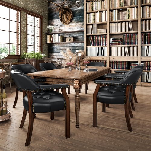 LEEMTORIG Set of 6 Faux Leather Dining Chair with Arms, Dining Chair with Supportive Back, Game Poker Table Chairs, Boss Caption's Chairs Office Desk Chairs, Cherry Walnut Legs & Black PU NX173D