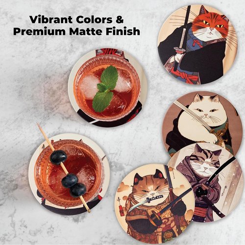 Ninja Cat Coasters - Anime Cat Decor Set of 6 - Perfect Gifts for Cat Lovers with Holder