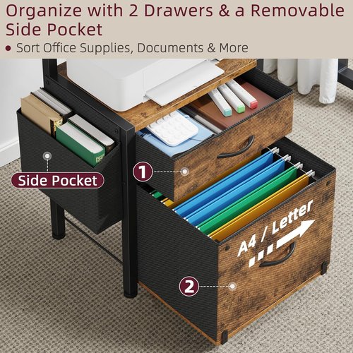 HIGDBFE Filing Cabinet - 2-Tier Printer Stand with Fabric Drawers & Side Bag - Rustic Brown, 16.5" W