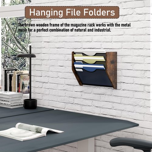 Senhoglb Mesh Hanging Wall File Organizer, 3-Tier File Holder Wall Mounted Magazine Rack With Pockets Wood Document Storage Mail Organizer for Office Home, Antique Brown
