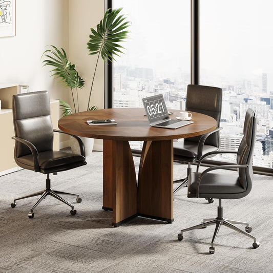 LITTLE TREE 39-Inch Small Conference Table for 4, Round Meeting Table with X-Shape Pedestal, for Office, Conference Room, Small Spaces, Black