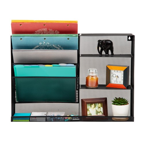 Mind Reader 4-Tier Vertical File Storage and Shelves, Desktop Organizer, Wall Mount, Office, Metal Mesh, 22.5" L x 4" W x 16" H, Black
