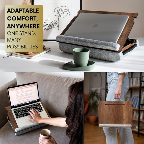 Vigo Wood Laptop Tray - Lap Tray with Cushion, Laptop Table for Bed & Sofa, Adjustable Lap Desk, Portable Bed Table for Work & Study, Ergonomic Wooden Stand for Home Office (Walnut)