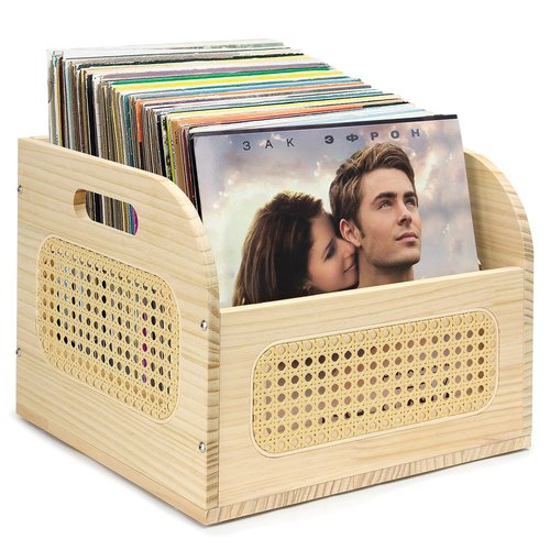 BXAIGR Rustic Wooden Vinyl Record Storage Crate - Holds 65 LP Albums, Vintage Record Holder & Organizer for Living Room, Music Collector Shelf
