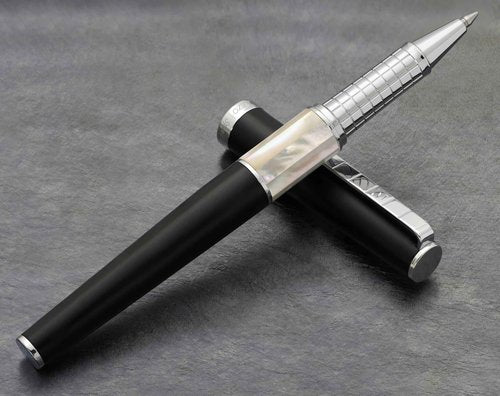 Xezo Speed Master Fine Rollerball Pen. Matte Black with White Mother of Pearl. Chrome Plated. Sporty Lightweight Brass Body. Each Unique