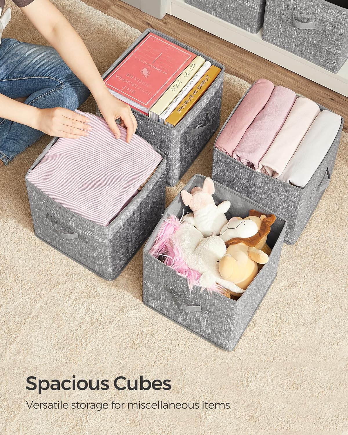 SONGMICS Storage Cubes - 11-Inch Non-Woven Fabric Bins with Double Handles - Set of 6 in Cattail Gray for Closet Organization