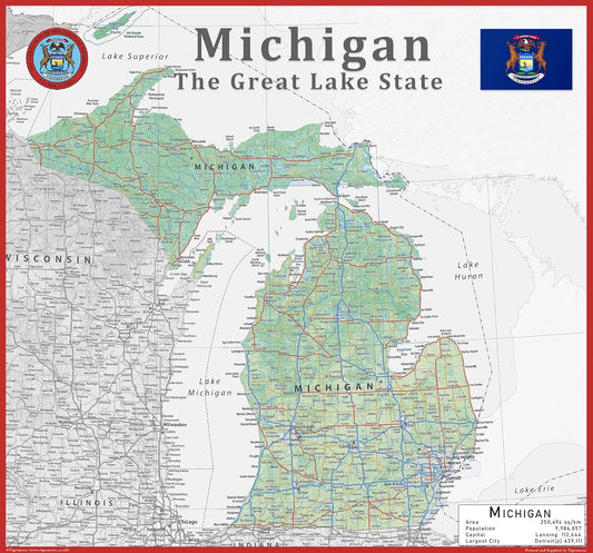 Tiger Moon Michigan State Map - 17.7 x 16.5 Inches, Physical Coated Paper, Blue Ocean Design