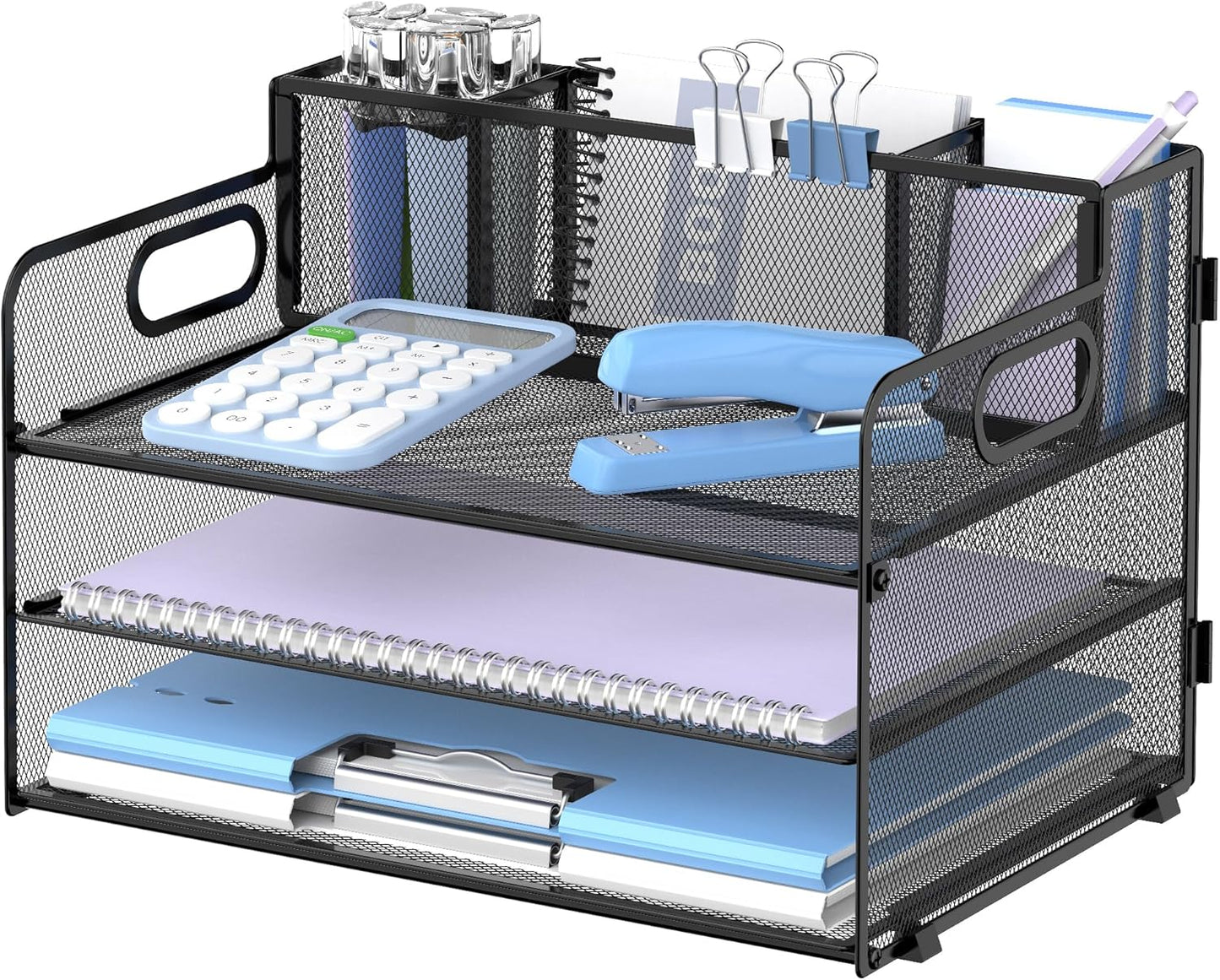SUPEASY 3-Tier Desk Organizer - Mesh Paper/File Holder with Handle & 3 Pen Holders | Black