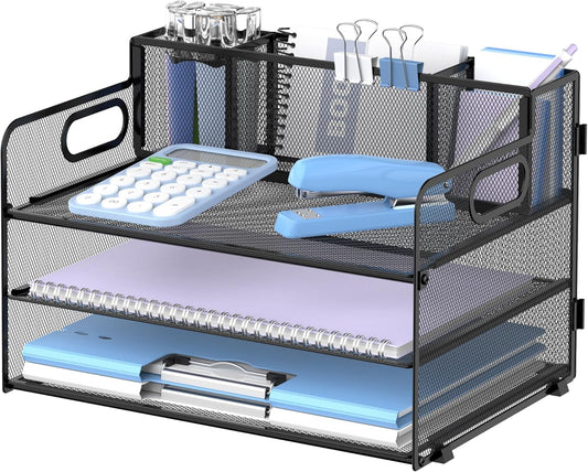SUPEASY 3-Tier Desk Organizer - Mesh Paper/File Holder with Handle & 3 Pen Holders | Black