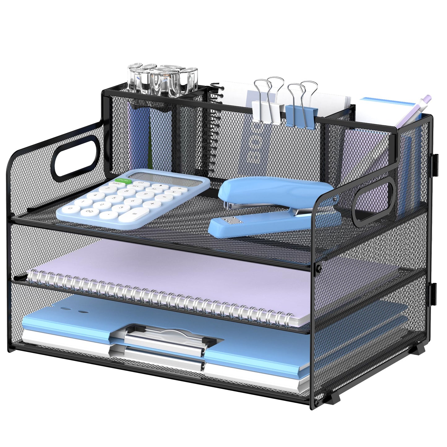 SUPEASY 3 Tier Desk Organizer with Handle & 3 Pen Holders, Mesh Paper/File Organizer for Desk, Paper Letter Tray Organizer for Office Supplies (Black)