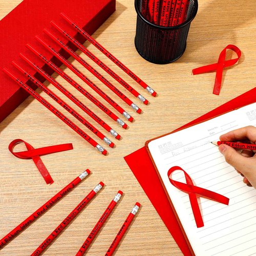 Fainne 300 Pcs Red Ribbon Week Pencils Bulk Red Ribbon Awareness Pencils for Students Teacher Drug Free Pencil with Erasers for Awareness Campaigns Supplies