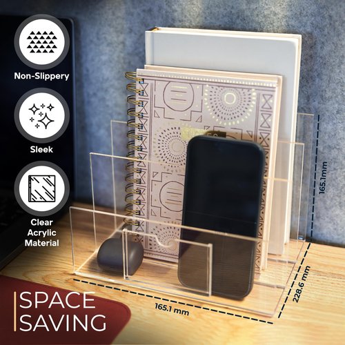 Legacy3 Durable Acrylic File Organizer - 4mm Thick Acrylic File Holder with 3 Section - Acrylic Desk Accessories with Busines Card Holder Included - 9" (L) x 6.5" (W) x 6.5" (H)