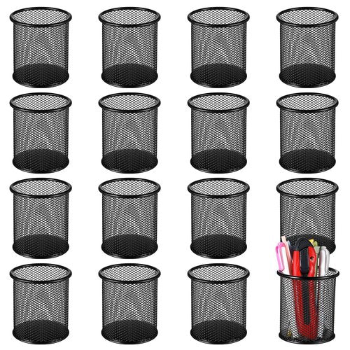 Lemecima 12 Pack Metal Pen Holder Mesh Pencil Holder Desk Organizer Mesh Round Pen Cup Pencil Cup for Desk Office Pen Organizer, Black