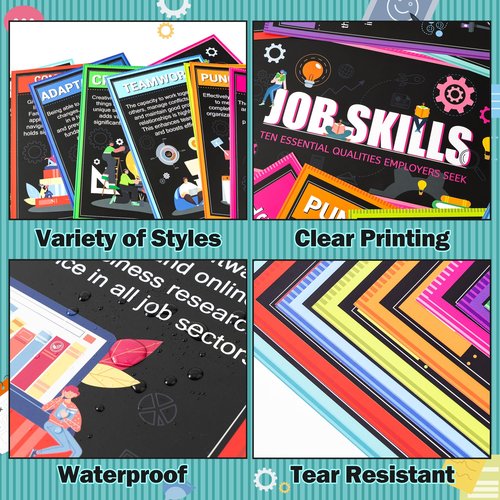 WATINC Job Skills Educational Poster - 11PCS High School College Classroom Poster Decor, Bulletin Board Workplace Essential Qualities Learning Decoration Supplies for Business Seek Career (Black)