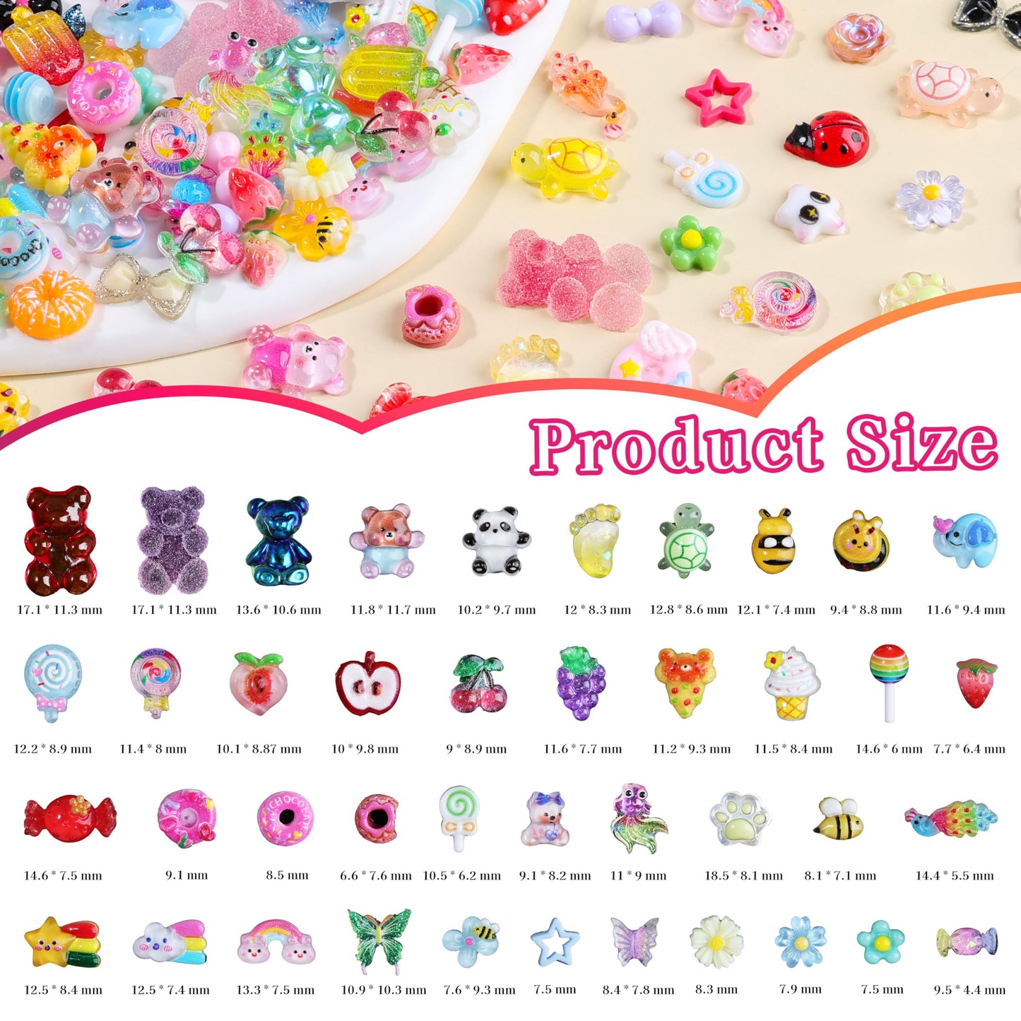 250Pcs 3D Kawaii Nail Charms Kit, Mixed Cartoon Candy Animal Fruit Resin Charms Flatback Gummy Bear Slime Charms Cute Star Heart Butterfly Daisy Flower Nail Supplies for Nails Phone Cases DIY Crafts