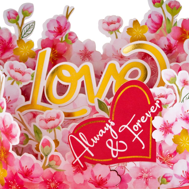 DESIMPLE Sweet Cherry Blossom Pop Up Card, 7 Inch Flower 3D Greeting Card with “Always & Forever” Heart, Romantic Anniversary Card for Valentine’s Day, Birthday, Includes Envelope & Message Note