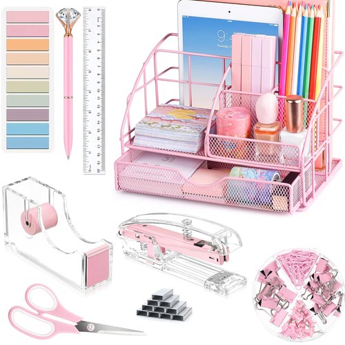 Pink Desk Organizers and Accessories, Pink Office Supplies with Mesh Desk Organizer, Acrylic Tape Dispenser and Stapler, Staples, Ballpoint Pen, Clips Set, Ruler, Scissor, Sticky Labels