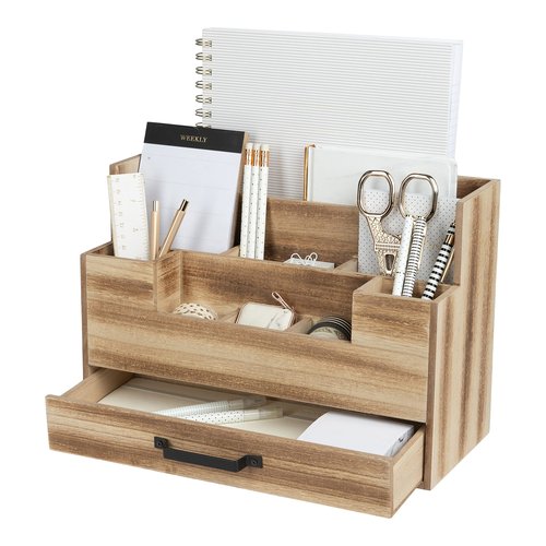BLU MONACO Natural Wood Mail Organizer with Drawer, 5 Compartments, Desk Organizer for Women Office Desk Organization, 12.9x5.7x9 inches, 4.1 pounds
