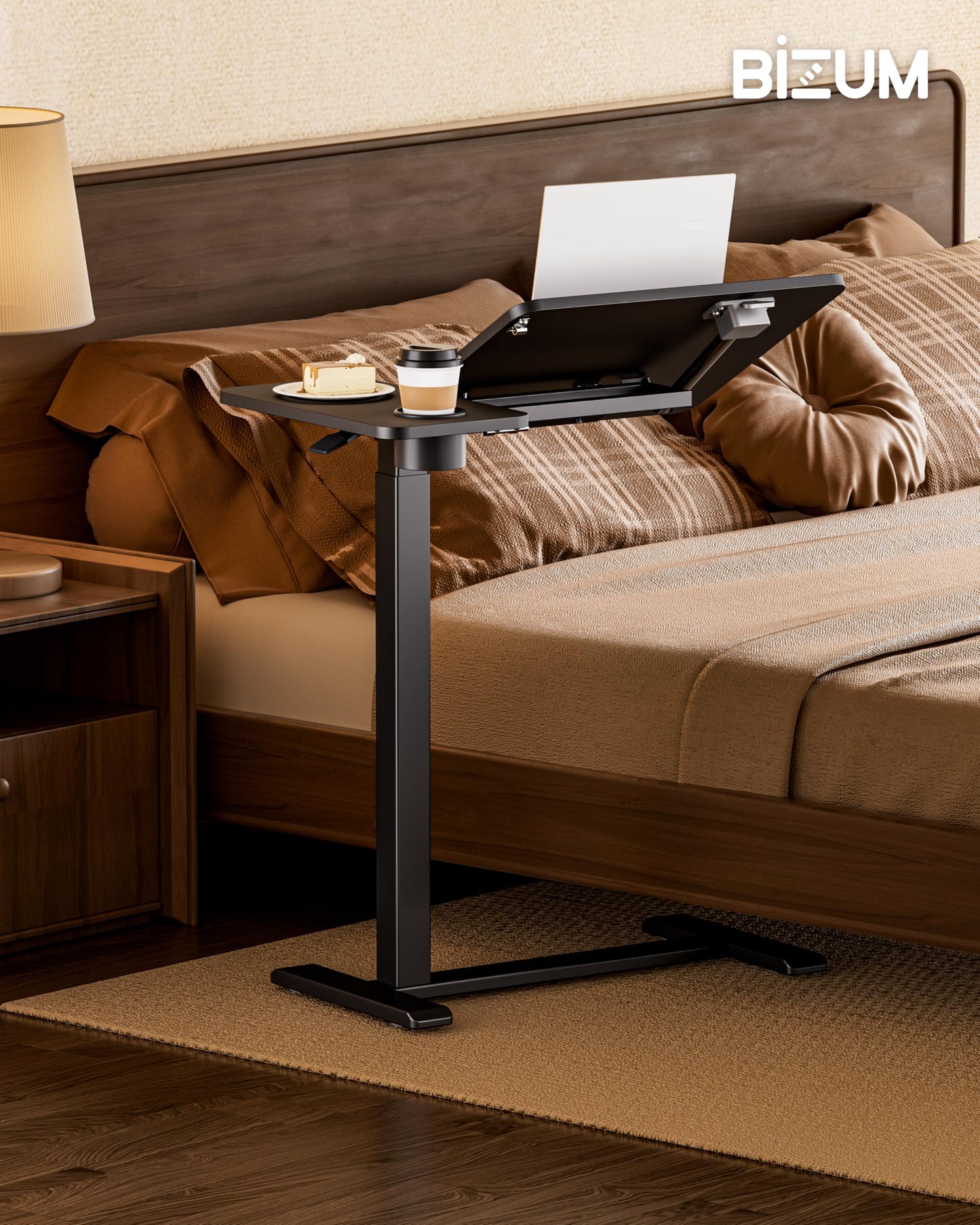 BZIUM Overbed Bedside Table with Hidden Wheels, Adjustable Medical Tilt Top Hospital Bed Table Over The Bed, Rolling Desk Mobile Standing Desk (27.6x15.8, Black)