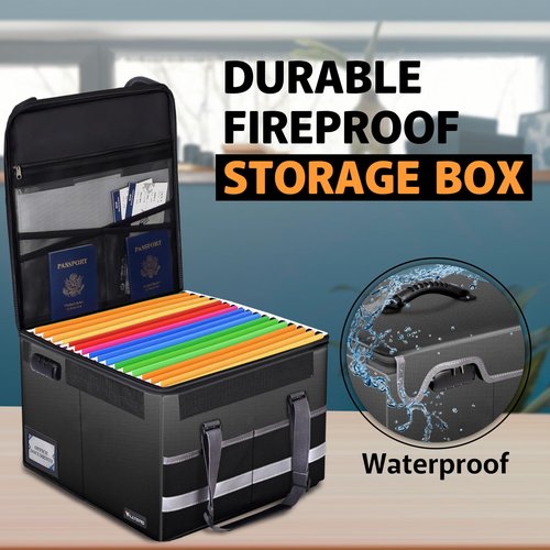 Fireproof Document Box with Lock – file organizer & fireproof document bag with Zipper, Pockets & Portable Handle – Collapsible File Storage for Legal/Letter Folders – Black (15.5 × 12.2 × 10in)