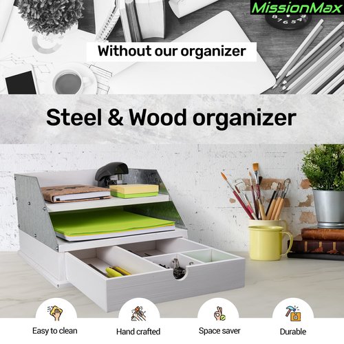 MissionMax White Country Steel Farmhouse Rustic Desktop Organizer with Two Shelves for Paper, Mail, Files, Magazines and a Drawer for Supply Storage
