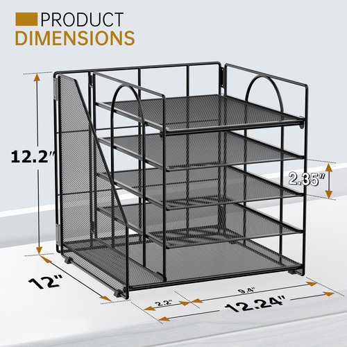 VETUZA 5 Tier Desk Organizer with Vertical File Holder, Desktop File Organizer for Office Home School, Black