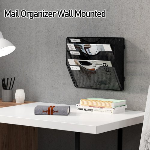 Senhoglb File Folder Organizer, 3-Tier Mesh Hanging Wall File Holder, Magazine Rack, Wall File Organizer With Pockets, Metal Document Organizer, Mail Organizer Wall Mounted for Office Home, Black