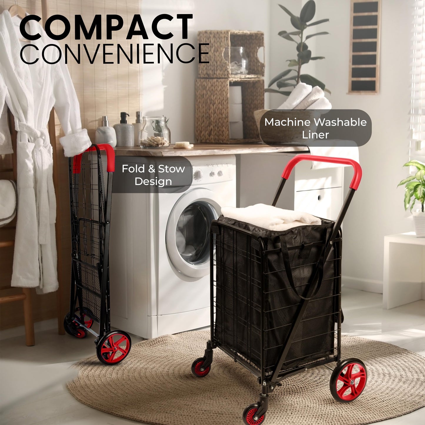 SereneLife Large Folding Utility Shopping Cart with Removable Liner – Heavy Duty, 360° Swivel Wheels, 110 lb Capacity, Portable for Groceries, Laundry, Luggage, and More (Red)