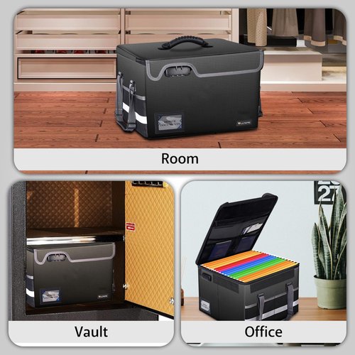 Fireproof Document Box with Lock – file organizer & fireproof document bag with Zipper, Pockets & Portable Handle – Collapsible File Storage for Legal/Letter Folders – Black (15.5 × 12.2 × 10in)