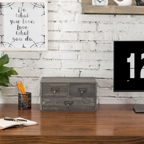 MyGift Rustic Gray Solid Wood Office Supplies Desk Organizer with 3 Pull Out Drawers and Metal Label Holder