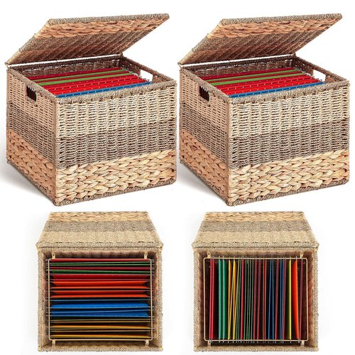 Cinnvoice 2 Pcs Extra Large Decorative File Box Seagrass Hanging Organizers for Letter & Legal Size File Basket Filing Cabinet with Lid Document Folder Box for Home Office Decor, Water Hyacinth