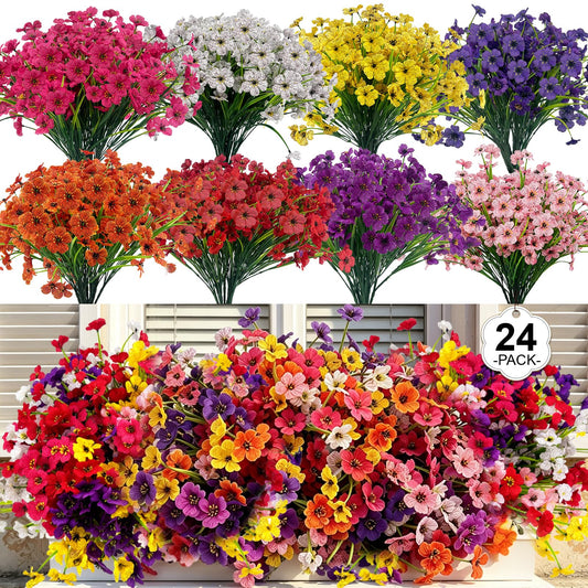 24 Pcs (8 Color) UV Resistant Artificial Spring Flowers & Faux Plants for Outdoor Hanging Baskets Patio Porch Cemetery Grave Decorations Indoor Vase, Realistic Silk Plastic Bulk Fake Arrangements