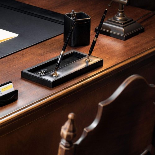 Dacasso Black Leather Double Gold Accents Pen Stand