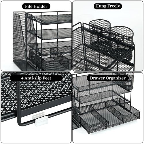gianotter Desk Organizers and Accessories with File Holder, 4-Tier Desk Accessories & Workspace Organizers with Drawer and 2 Pen Holder, Paper Organizer for Office Supplies (Black)