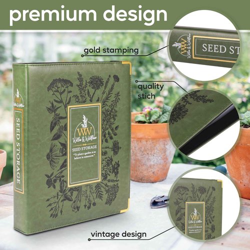 Create-ables Willow and Wildflower Garden Seed Organizer Binder, Seed Storage Organizer, Garden Binder Book for Packet Storage Catalog Can Store 120 Packets with Dibber and Widger (Moss Green)