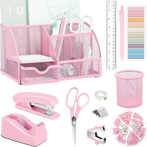 Regine Switzerland Pink Office Desk Accessories - 12-Piece Organizer Set with Tape Dispenser, Stapler & More