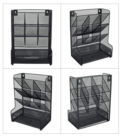 PAG Desk Organizer with Drawer Office Supplies and Accessories Storage Caddy Hanging Wall Shelf Metal Mesh Pencil Holder for Kids, 9 Compartments, Black