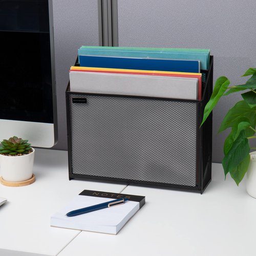 Mind Reader Vertical File Storage, Desktop Organizer, Workspace, Office, Metal Mesh, 12.5" L x 3.75" W x 11.5" H, Black