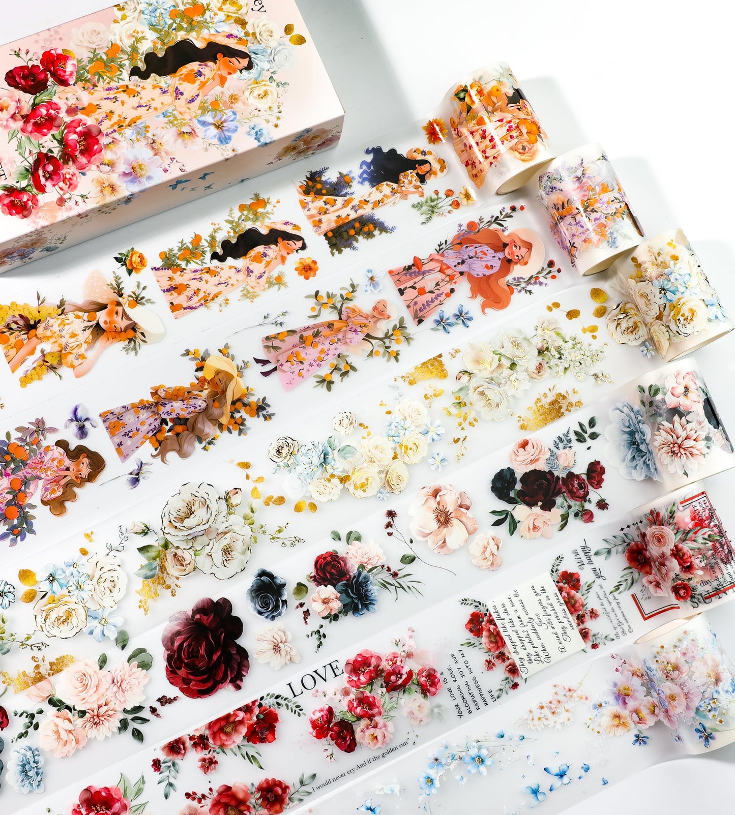 Cratey Floral PET Washi Tape Set - 6 Roll Wide PET Tape for Scrapbook Supplies,Character Decorative Girls Sticker,Flower Stickers, Bullet Journals Materials,Planner Arts Craft Collage
