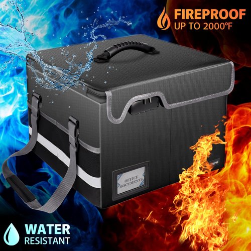 Fireproof Document Box with Lock – file organizer & fireproof document bag with Zipper, Pockets & Portable Handle – Collapsible File Storage for Legal/Letter Folders – Black (15.5 × 12.2 × 10in)