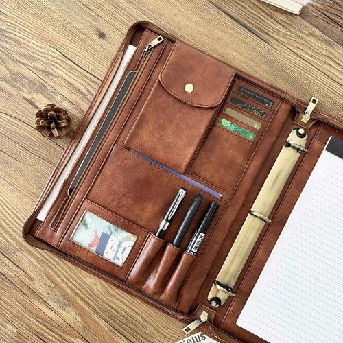 Gvalant 3 Ring Binder Vegan Leather Portfolio, Zippered Portfolio for Men, Letter Size Organizer Folder Padfolio A4 Document Bag for 13.3 inch Tablet Laptop (Brown, Standard)