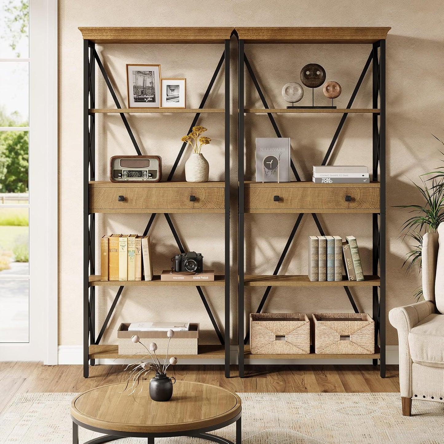 Tribesigns Industrial Bookshelf - 70.9" Tall Bookcase with Drawers & Open Shelves | Rustic Brown Finish