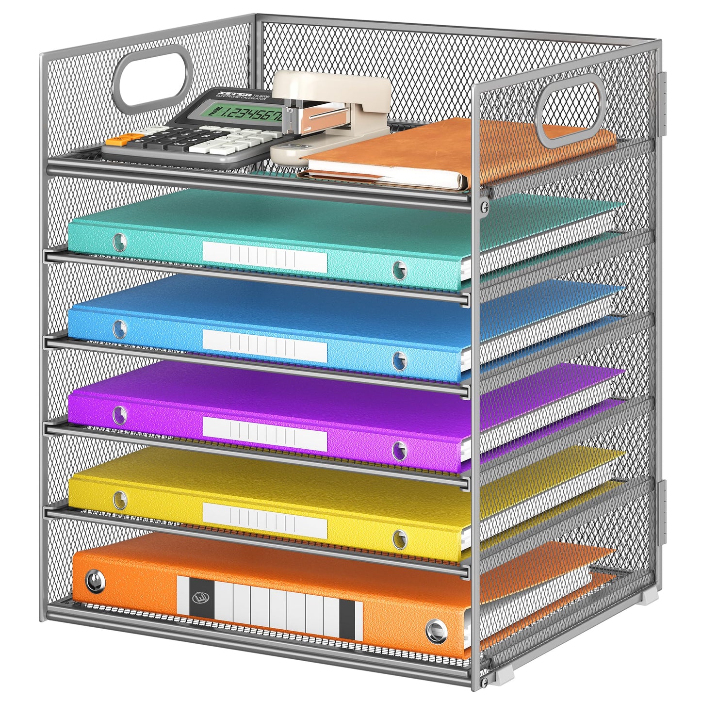 6 Tray Paper Organizer Letter Tray with Handle - Mesh Desk File Folder Holder, Paper Sorter for Office, Home or School - Silver